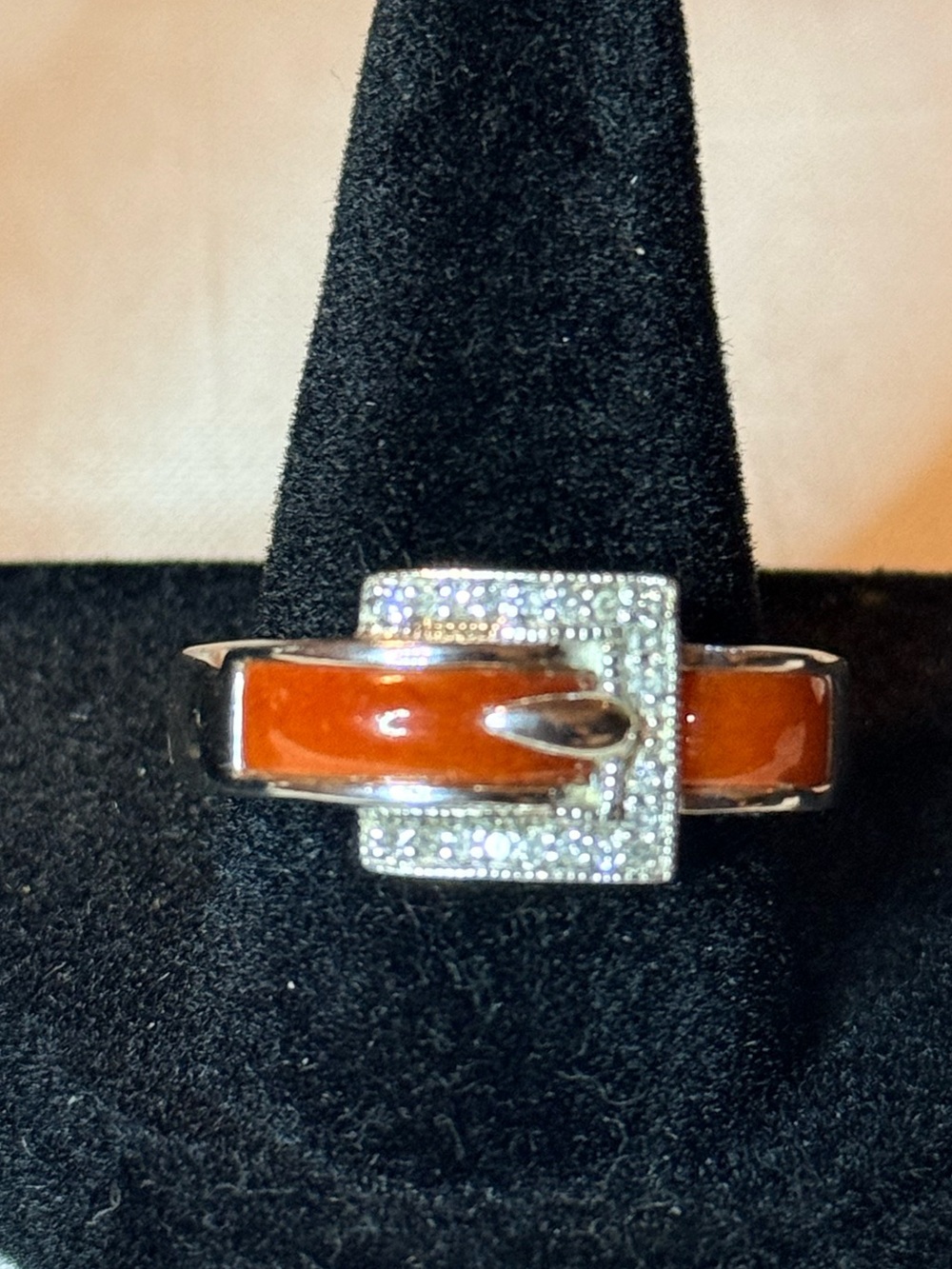 Sterling Silver Orange Jadeite Belt Diamond Encrusted Buckle Ring Size 10